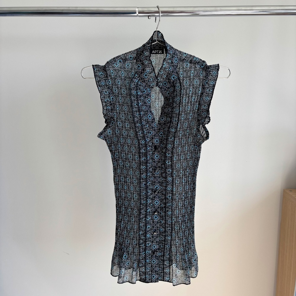 Vintage Apt 9 Accordion Pleated Plisse Top S Blue 60s Mod Floral Y2K Whimsigoth